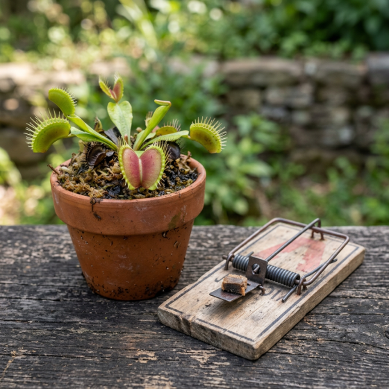 Potted Venus flytrap beside a wooden mousetrap outdoors